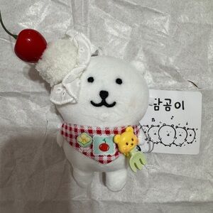 Cute White Joke Bear Bag Charm Keychain with Red Checkered Outfit